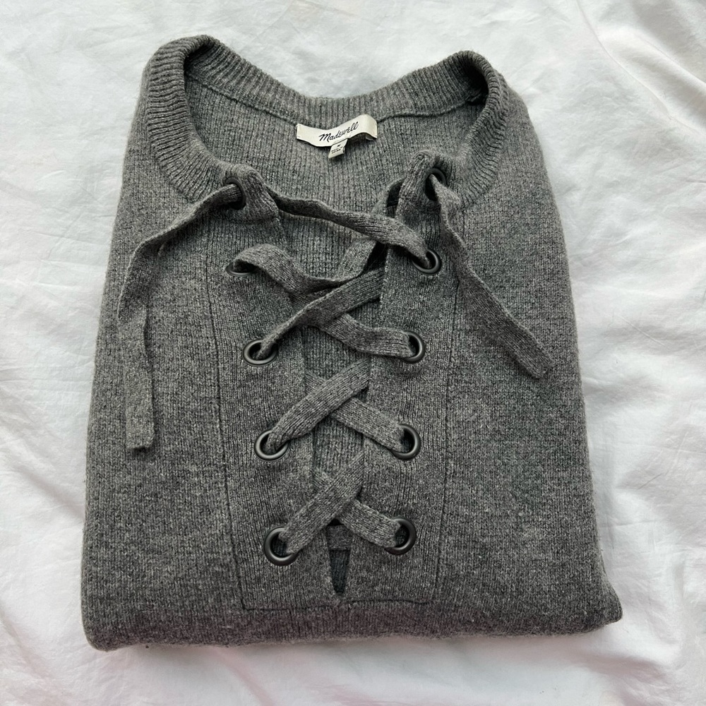 MADEWELL Jameson Lace Up Gray Merino Wool Sweater